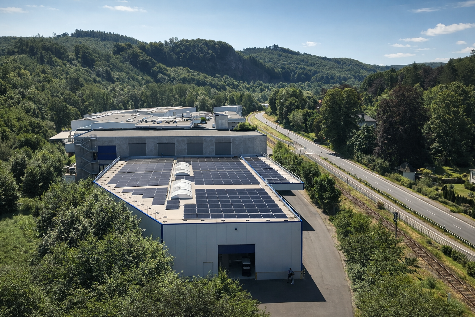 PV Unterkonstruktion für Flachdächer auf Gewerbedach mit montierten Solarmodulen